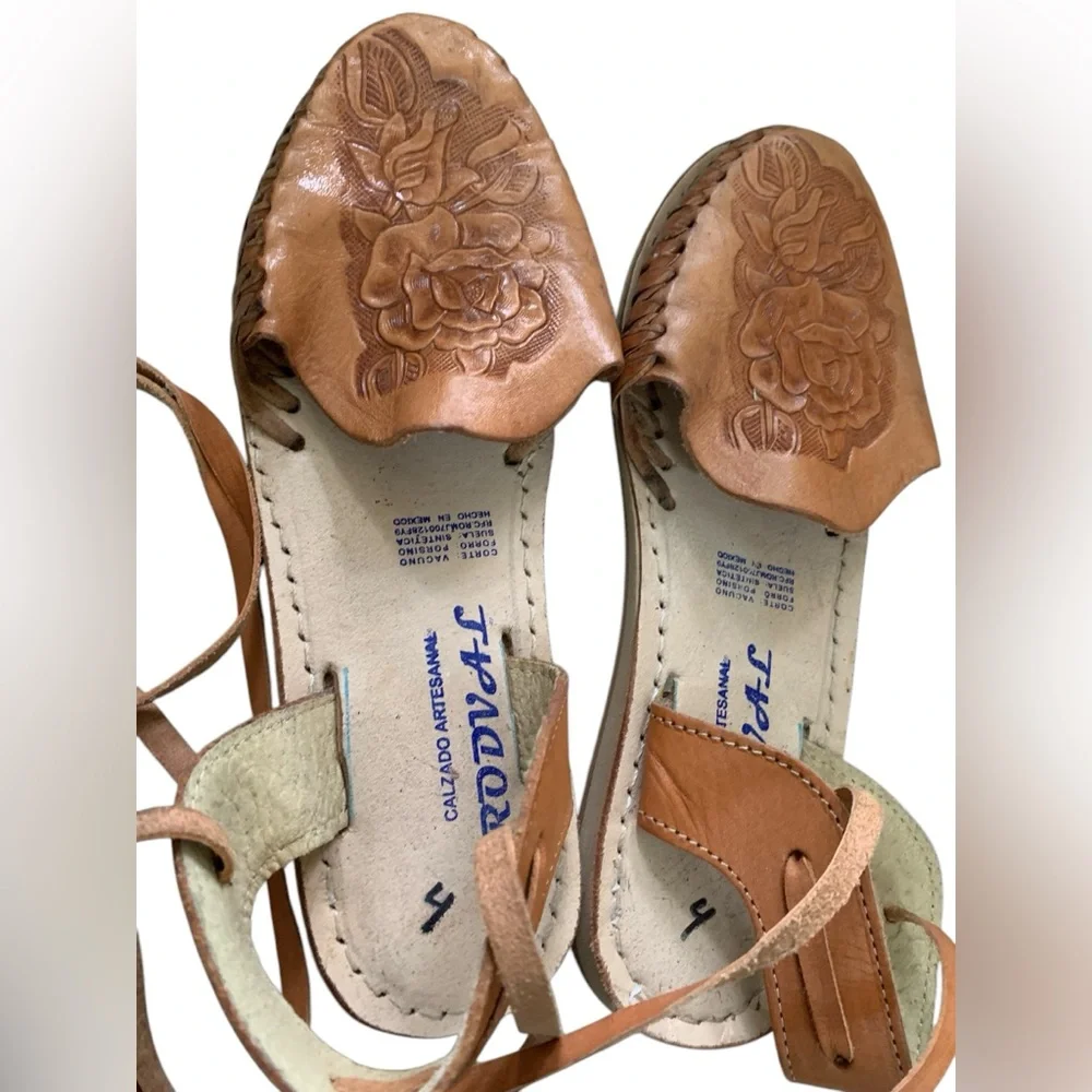 Tan Leather Sandals with Floral Tooled Embroidery and Ankle Straps